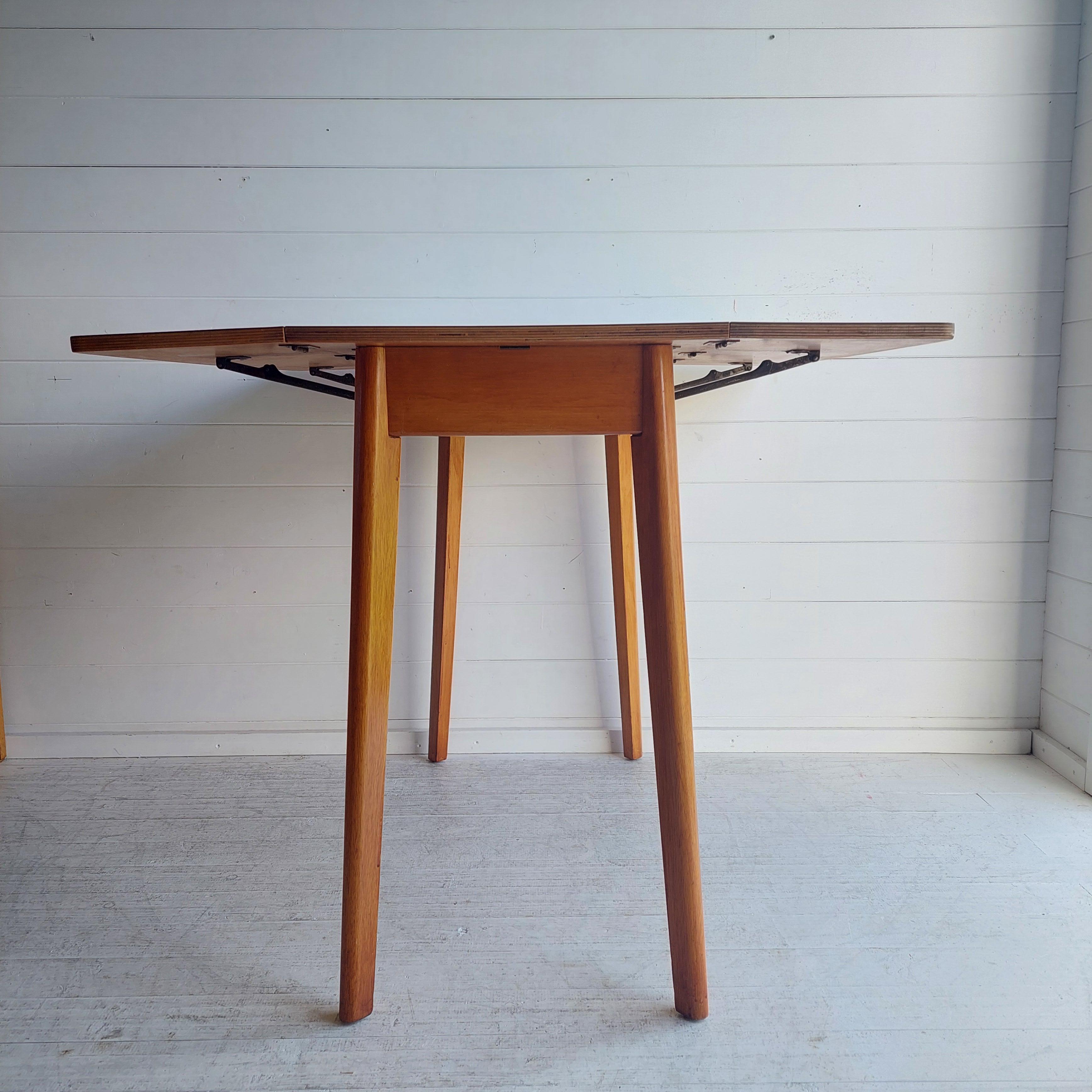Mid Century Blue Formica Drop Leaf Kitchen Dining Table With Wooden Legs 60s For Sale 3