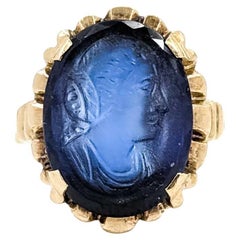 Mid-Century Blue Glass Cameo 10k Yellow Gold Ring