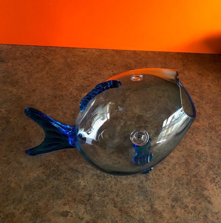 Midcentury Blue Glass Fish Vase by Blenko at 1stDibs