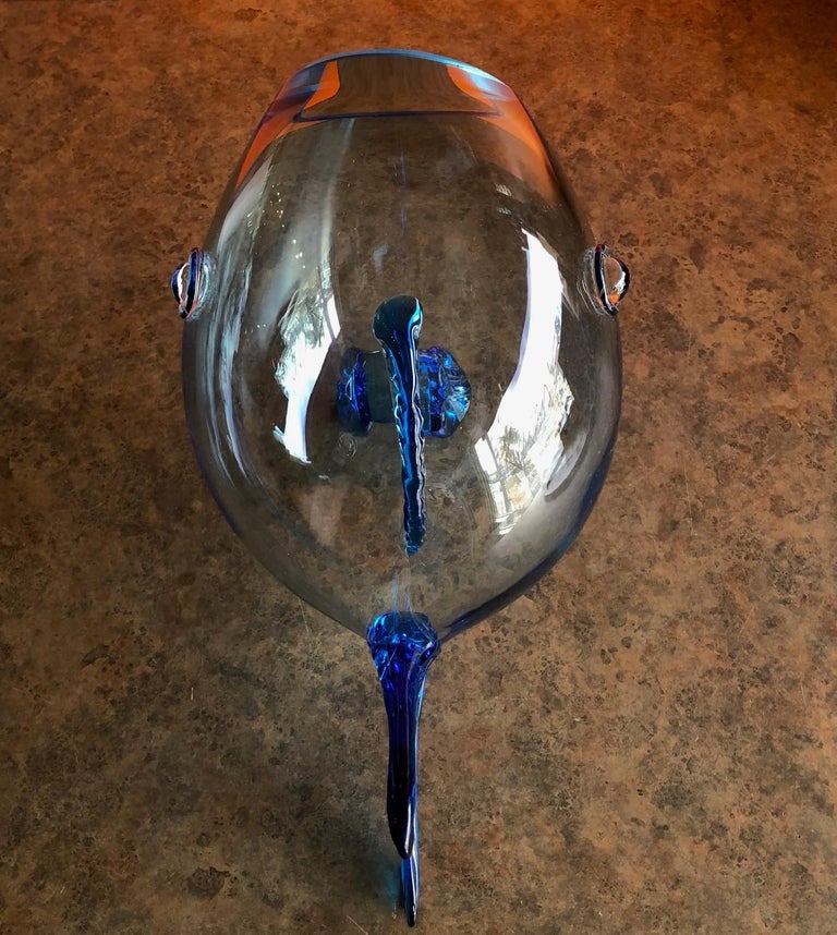 Blown Glass Midcentury Blue Glass Fish Vase by Blenko For Sale