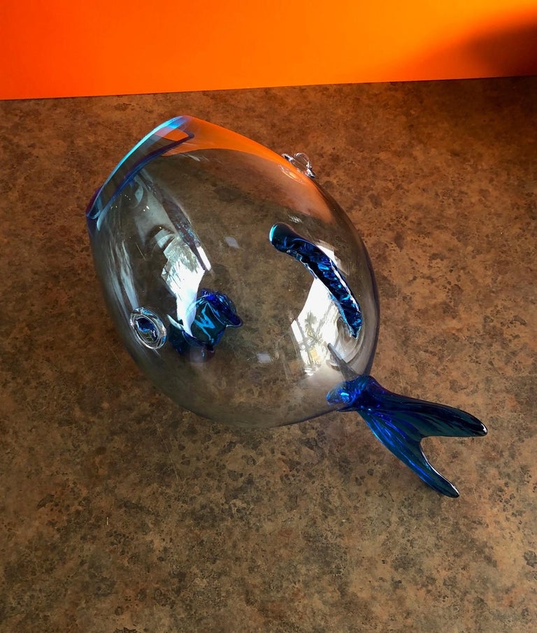 Midcentury Blue Glass Fish Vase by Blenko For Sale 1