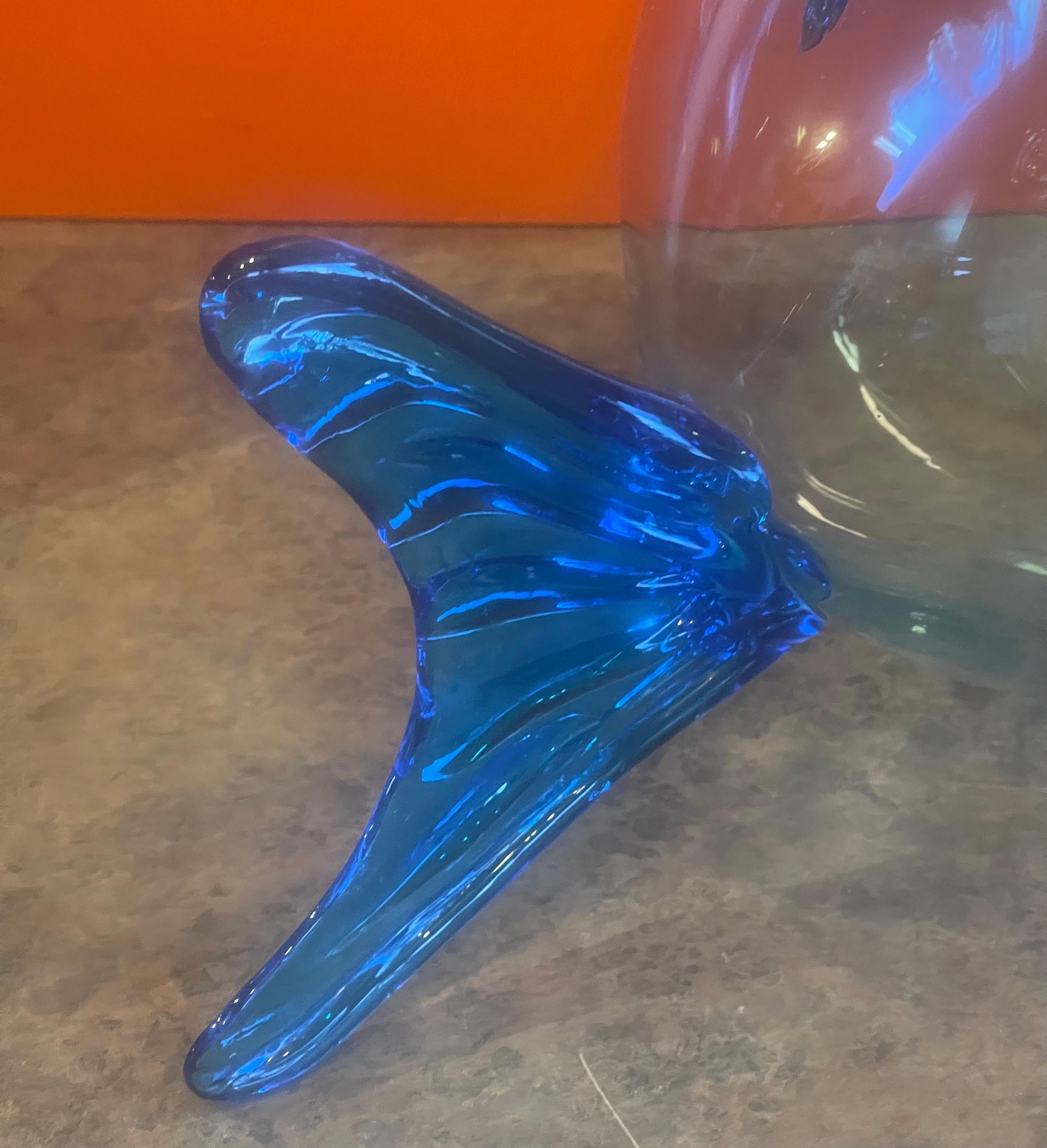 Blown Glass Mid-Century Blue Glass Fish Vase in the Style of Blenko Glass For Sale