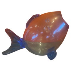 Vase  poissons en verre bleu du milieu du sicle dernier dans le style de Blenko Glass