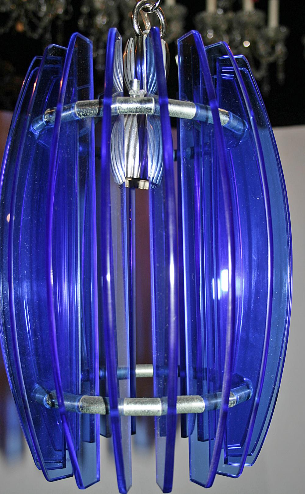 Mid-20th Century Mid Century Blue Glass Pendant Light Fixture For Sale