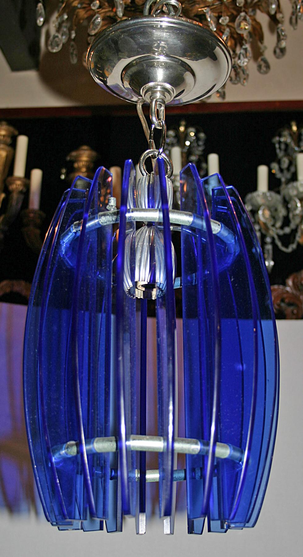 Silver Plate Mid Century Blue Glass Pendant Light Fixture For Sale