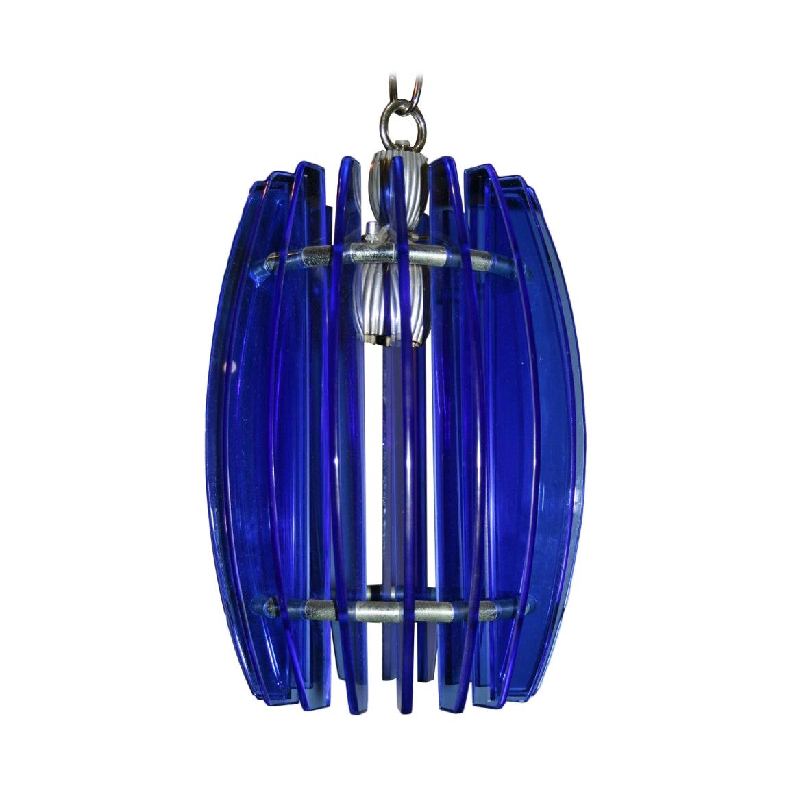 Mid Century Blue Glass Pendant Light Fixture For Sale