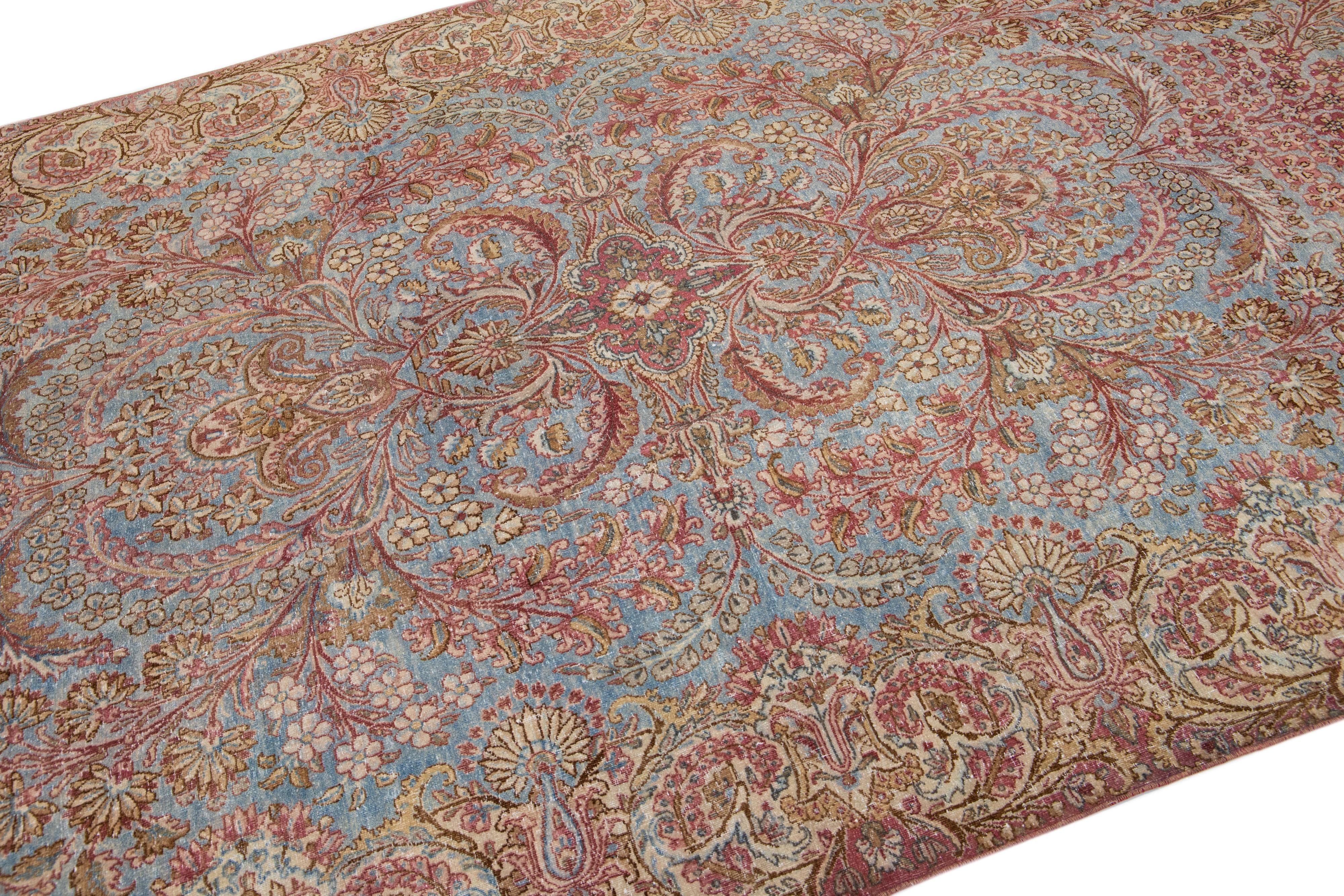 Mid Century Blue Handmade Persian Kirman Wool Rug With Allover Floral Motif In Good Condition For Sale In Norwalk, CT