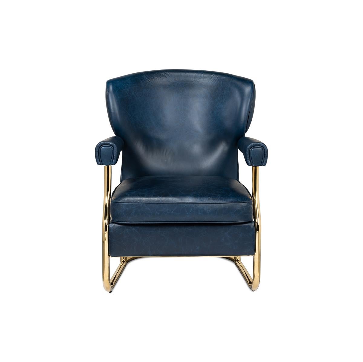 With a curved backrest and cushion seat upholstered in Vintage Style Chateau Blue. With a metal tube industrial-style frame finished in a soft brass tone.

Dimensions: 28