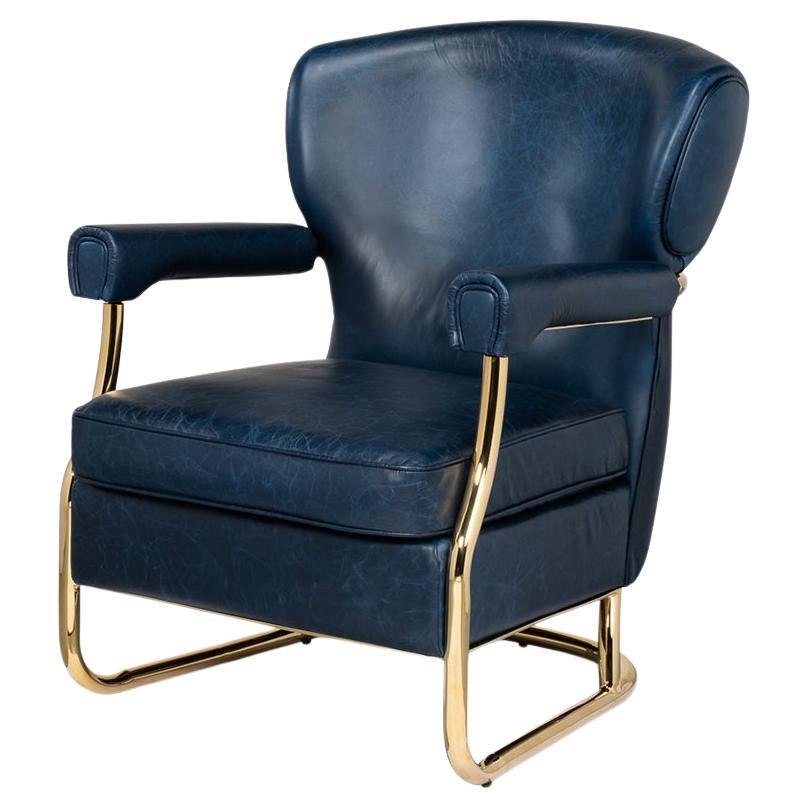 Mid Century Blue Leather Armchair For Sale