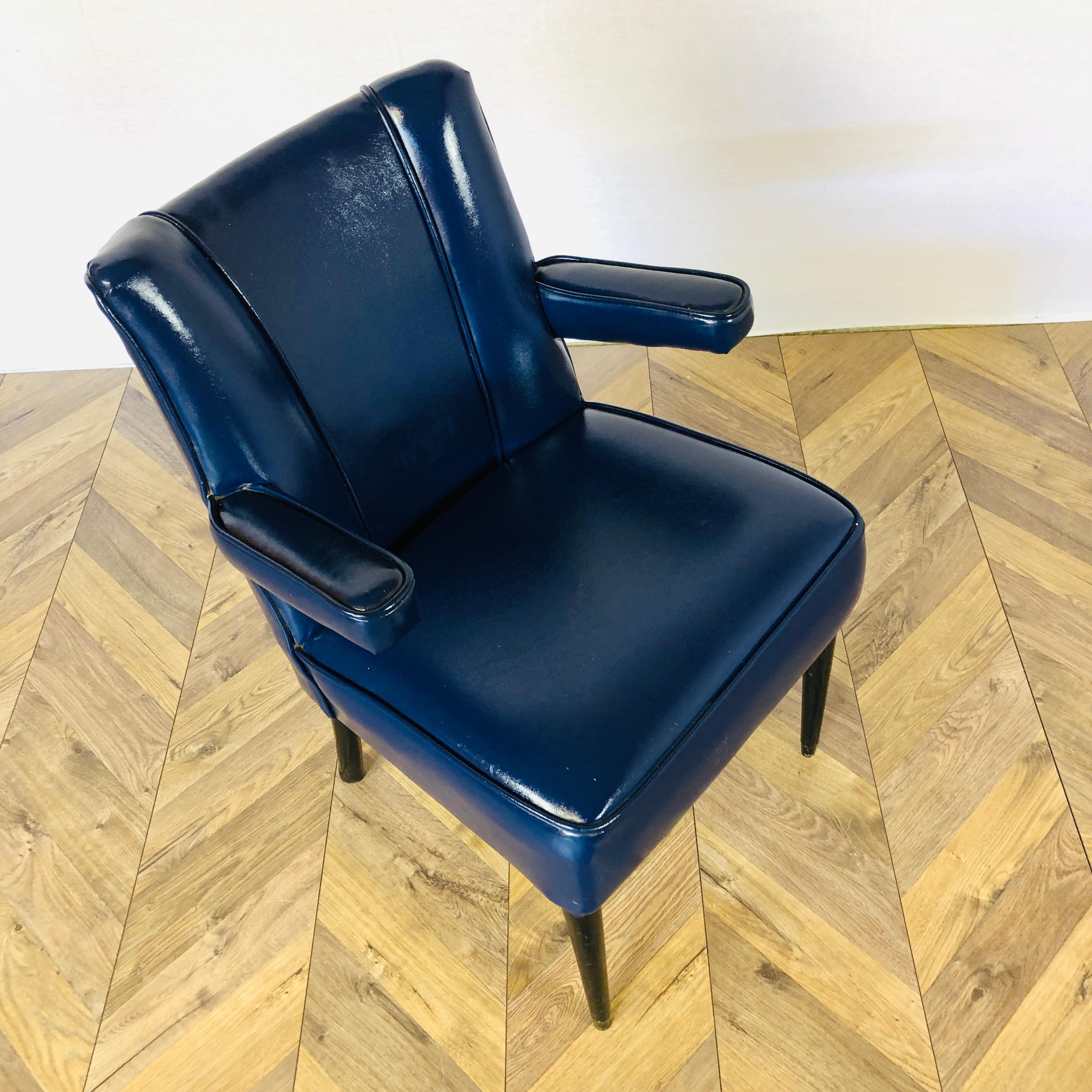 European Mid Century Blue Leather Lounge Chair, 1970s