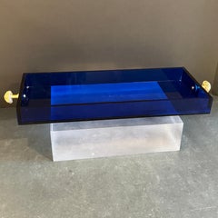 Mid-Century Blue Lucite Vanity Bar Tray with Gilt Gold Roped Handles