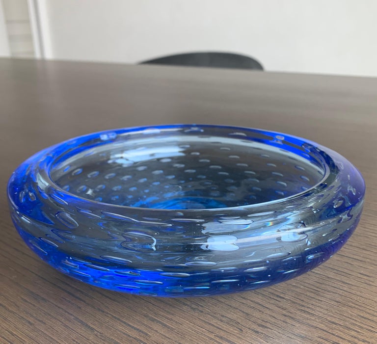 20th Century Mid-Century, Blue Murano Glass, Bullicante Vide Poche Trinket Dish For Sale