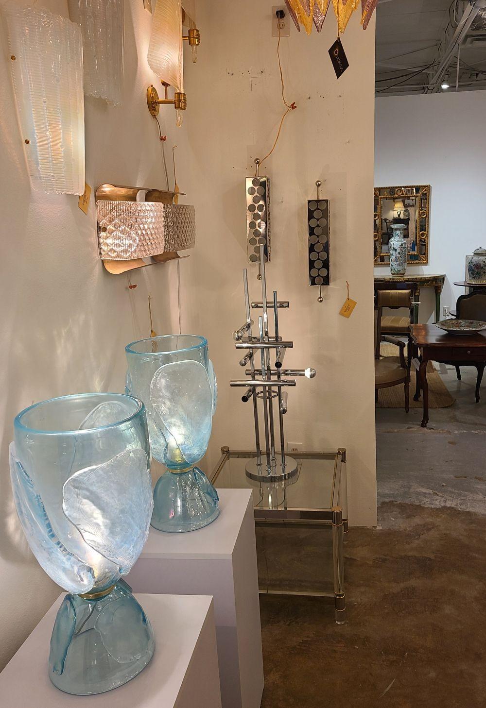 Italian Mid Century Blue Murano Glass Lamps - a Pair For Sale