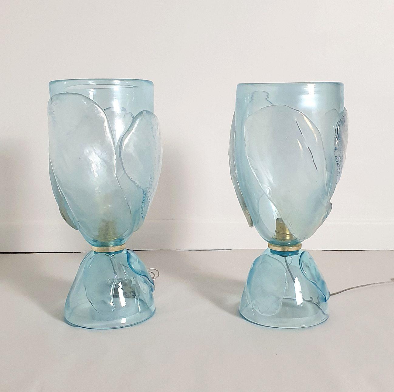 Hand-Crafted Mid Century Blue Murano Glass Lamps - a Pair For Sale