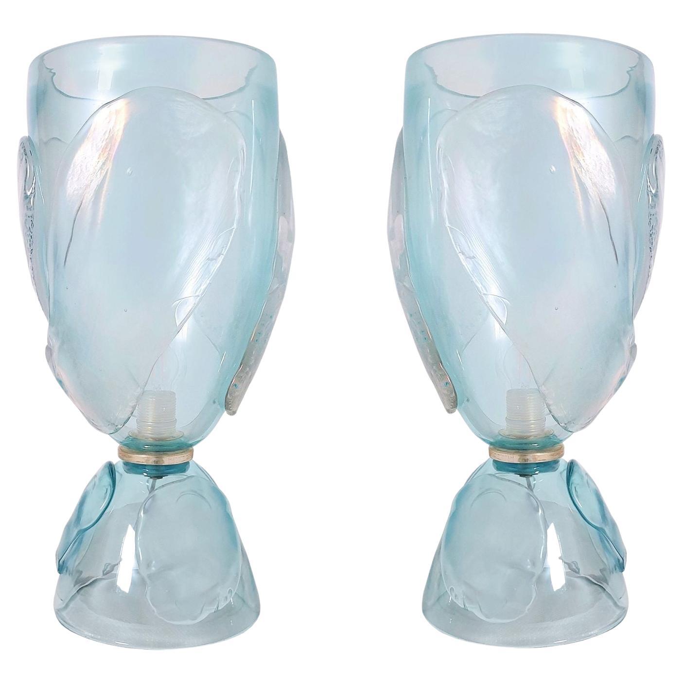 Mid Century Blue Murano Glass Lamps - a Pair