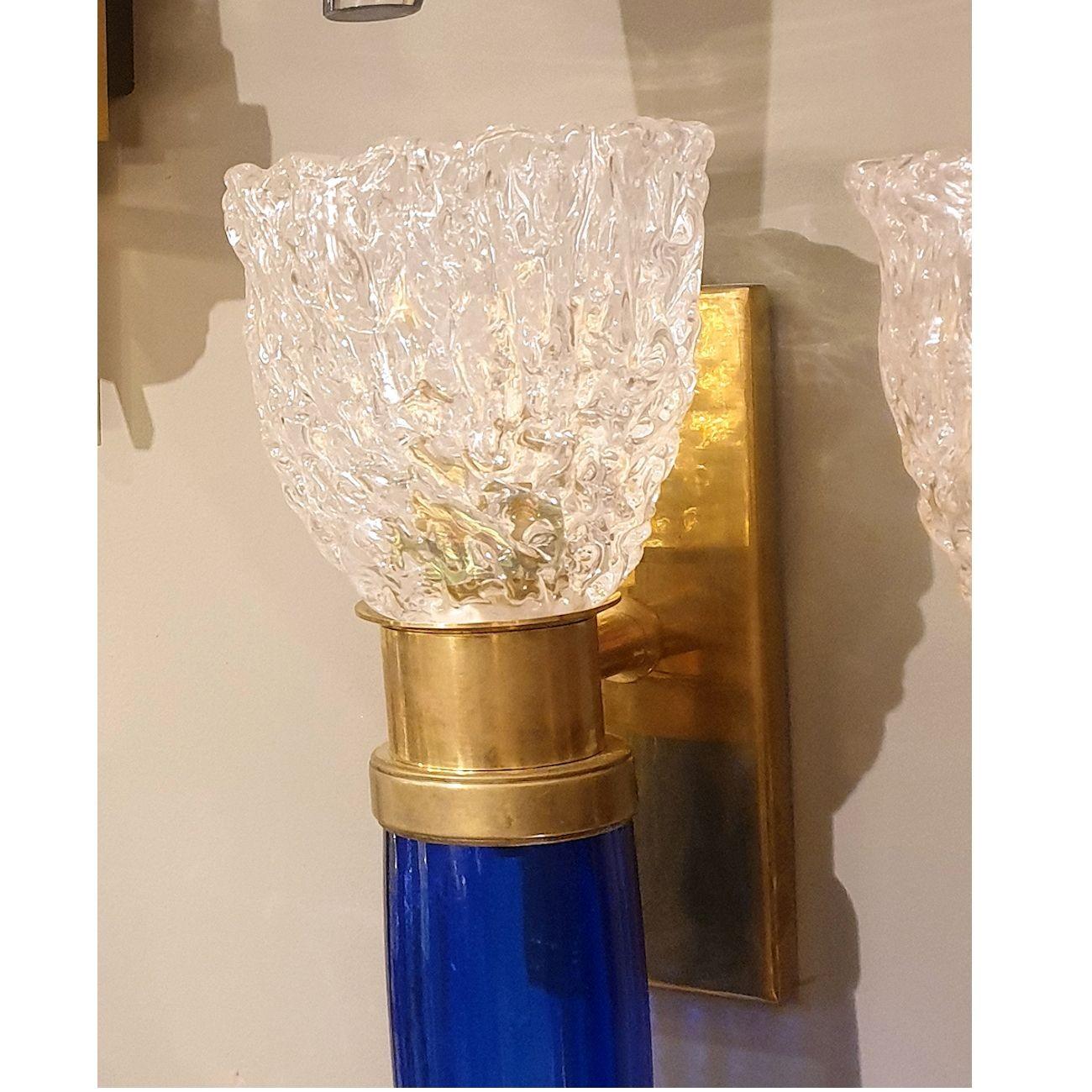 Brass Blue Murano Glass Italian Sconces - a pair For Sale
