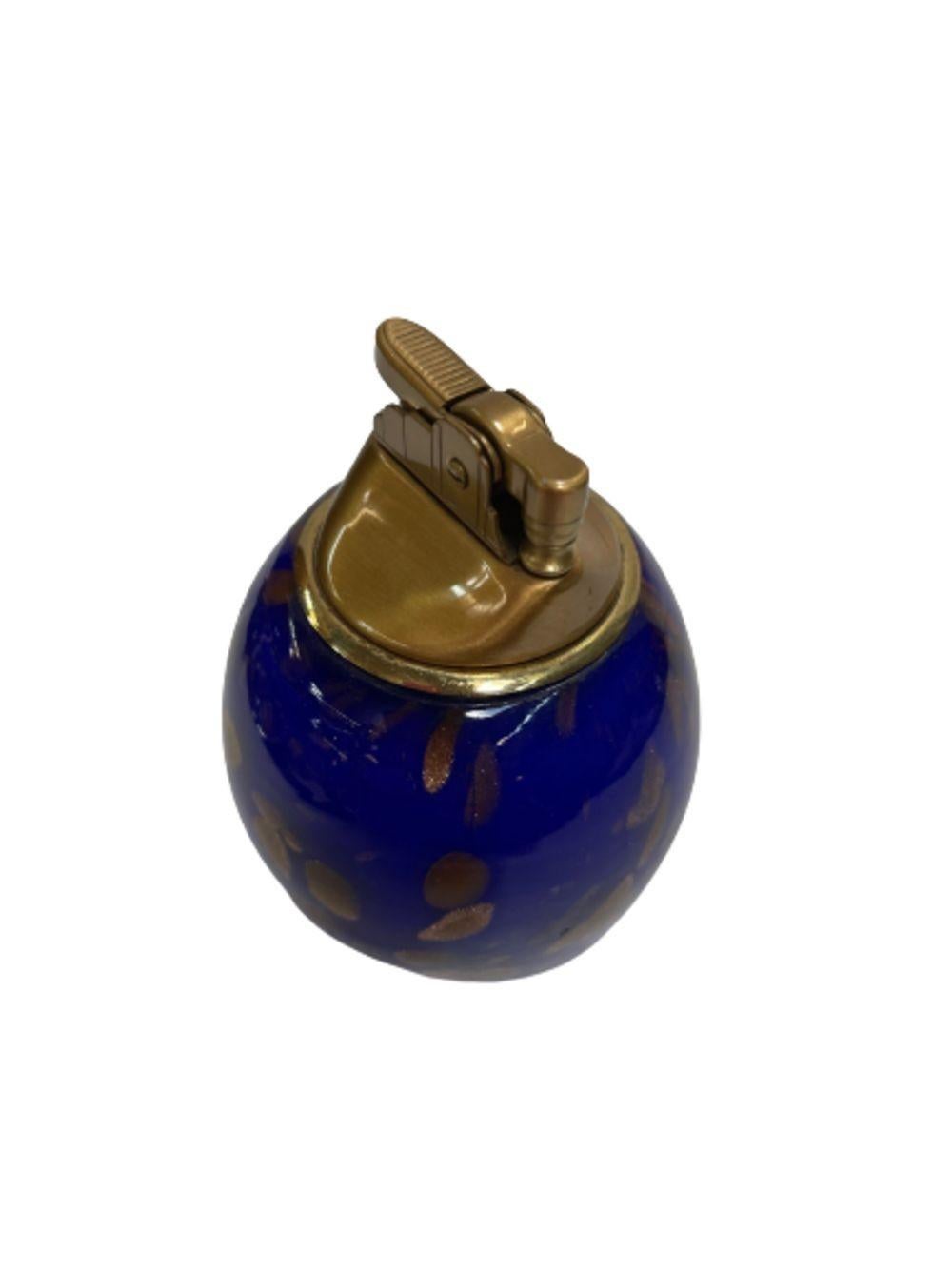 Italian Mid-Century Blue Murano Glass w/ Gold Leaf Table Lighter, Italy For Sale
