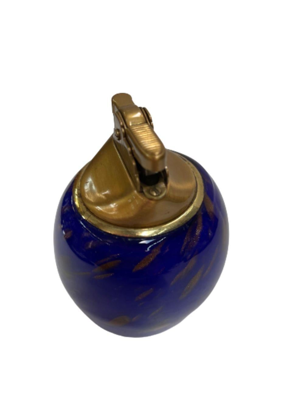 Mid-20th Century Mid-Century Blue Murano Glass w/ Gold Leaf Table Lighter, Italy For Sale
