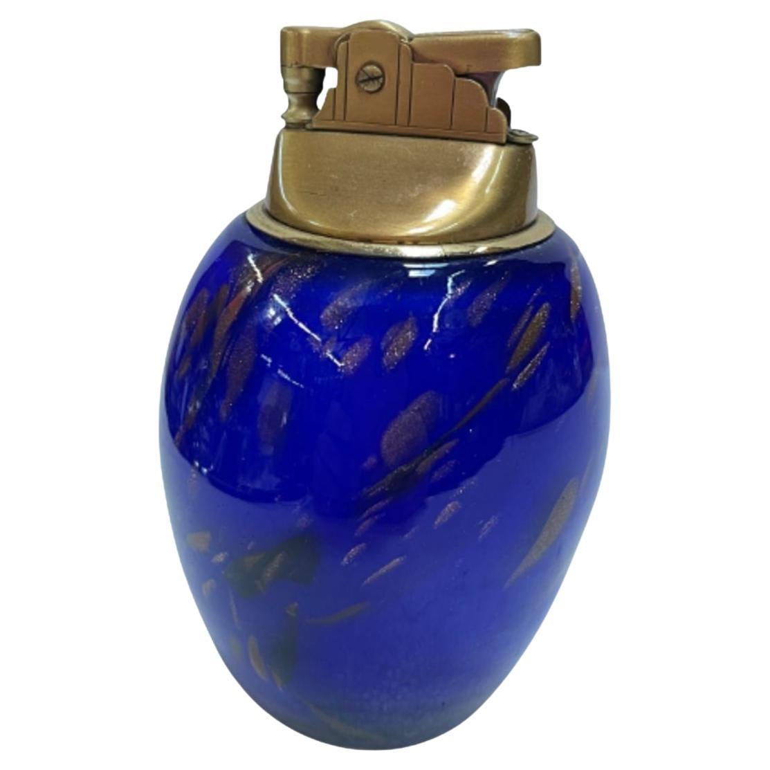 Mid-Century Blue Murano Glass w/ Gold Leaf Table Lighter, Italy For Sale