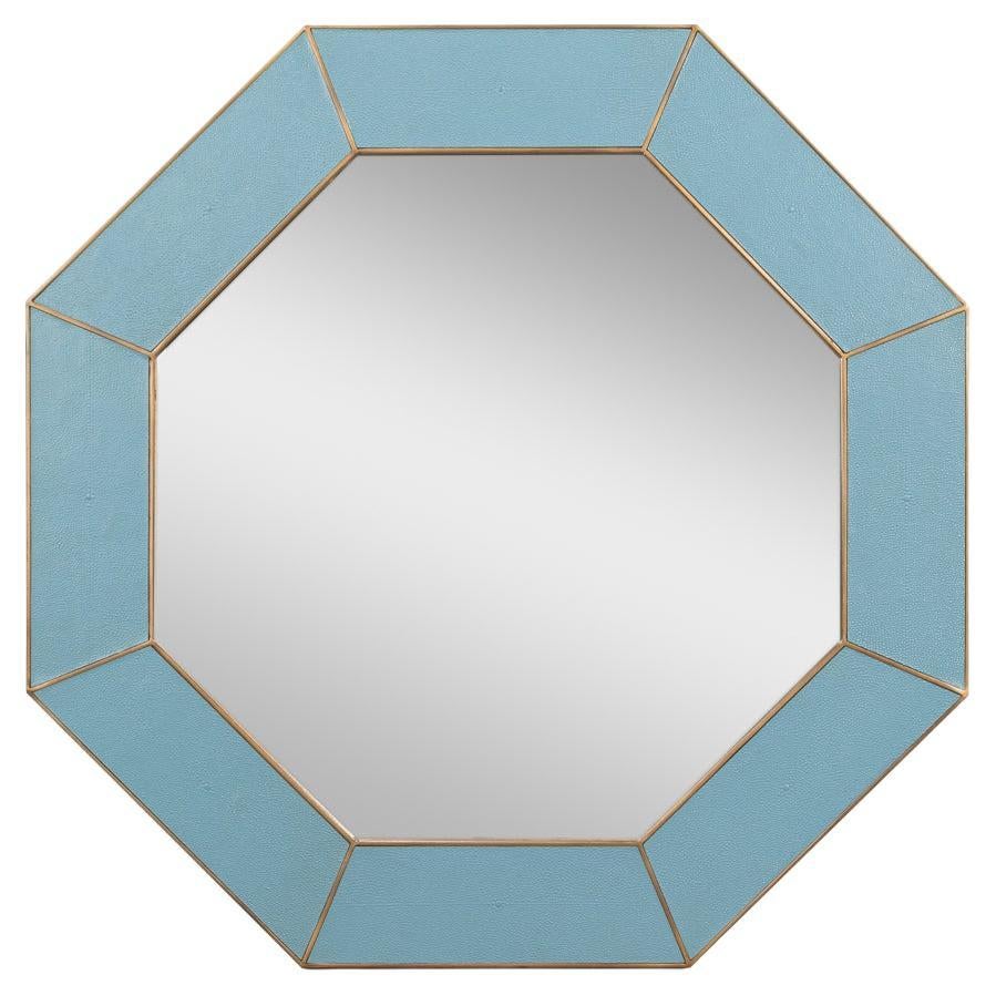 Specchio ottagonale in pelle blu di metà secolo