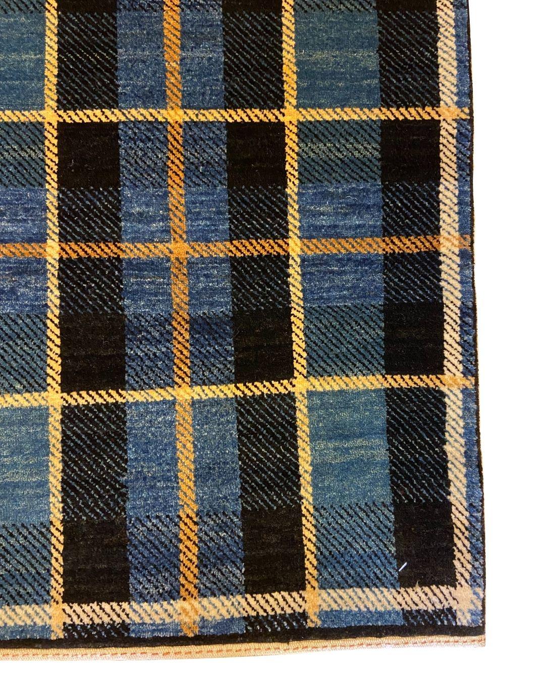 Mid-Century Modern Mid Century Blue, Red, and Yellow Wisconsin Tartan Wool Persian Rug, 4' x 5' For Sale