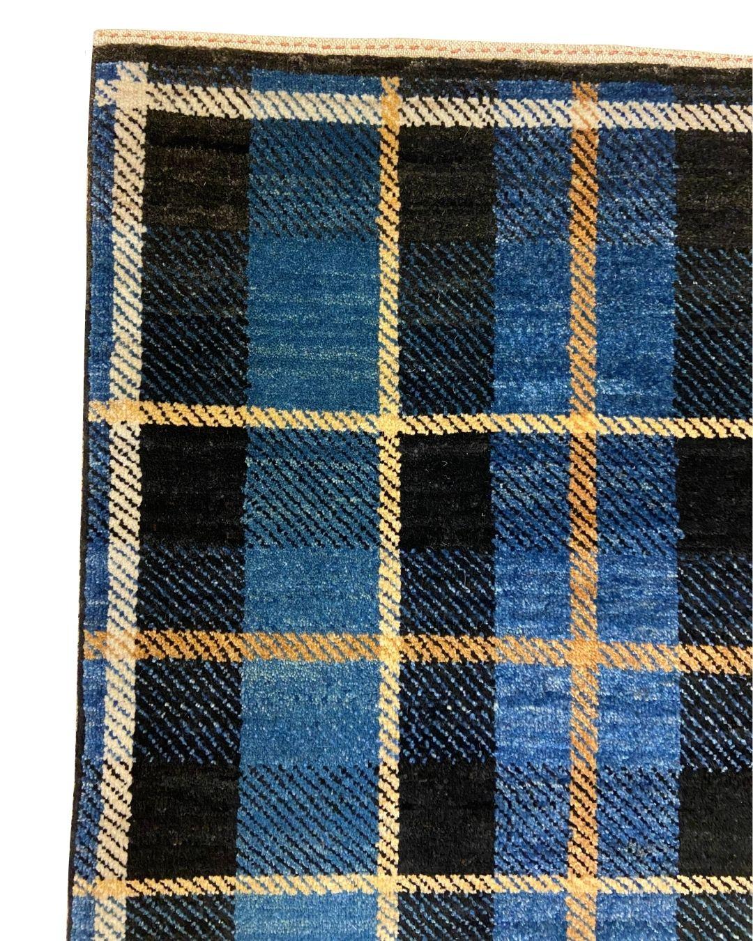 Vegetable Dyed Mid Century Blue, Red, and Yellow Wisconsin Tartan Wool Persian Rug, 4' x 5' For Sale