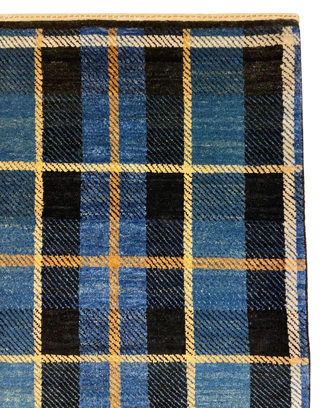 Mid Century Blue, Red, and Yellow Wisconsin Tartan Wool Persian Rug, 4' x 5' In New Condition For Sale In New York, NY