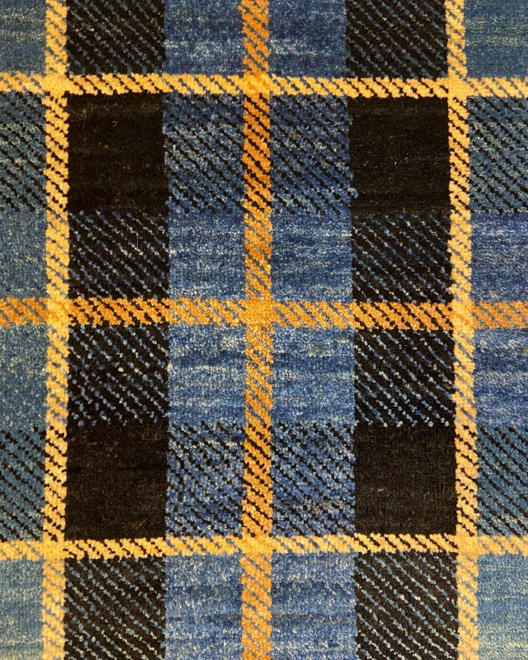 Contemporary Mid Century Blue, Red, and Yellow Wisconsin Tartan Wool Persian Rug, 4' x 5' For Sale