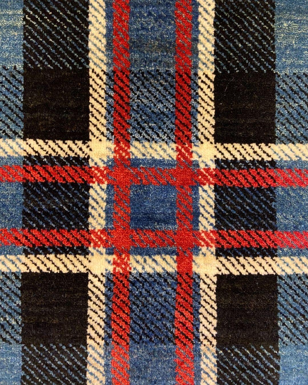 Mid Century Blue, Red, and Yellow Wisconsin Tartan Wool Persian Rug, 4' x 5' For Sale 1