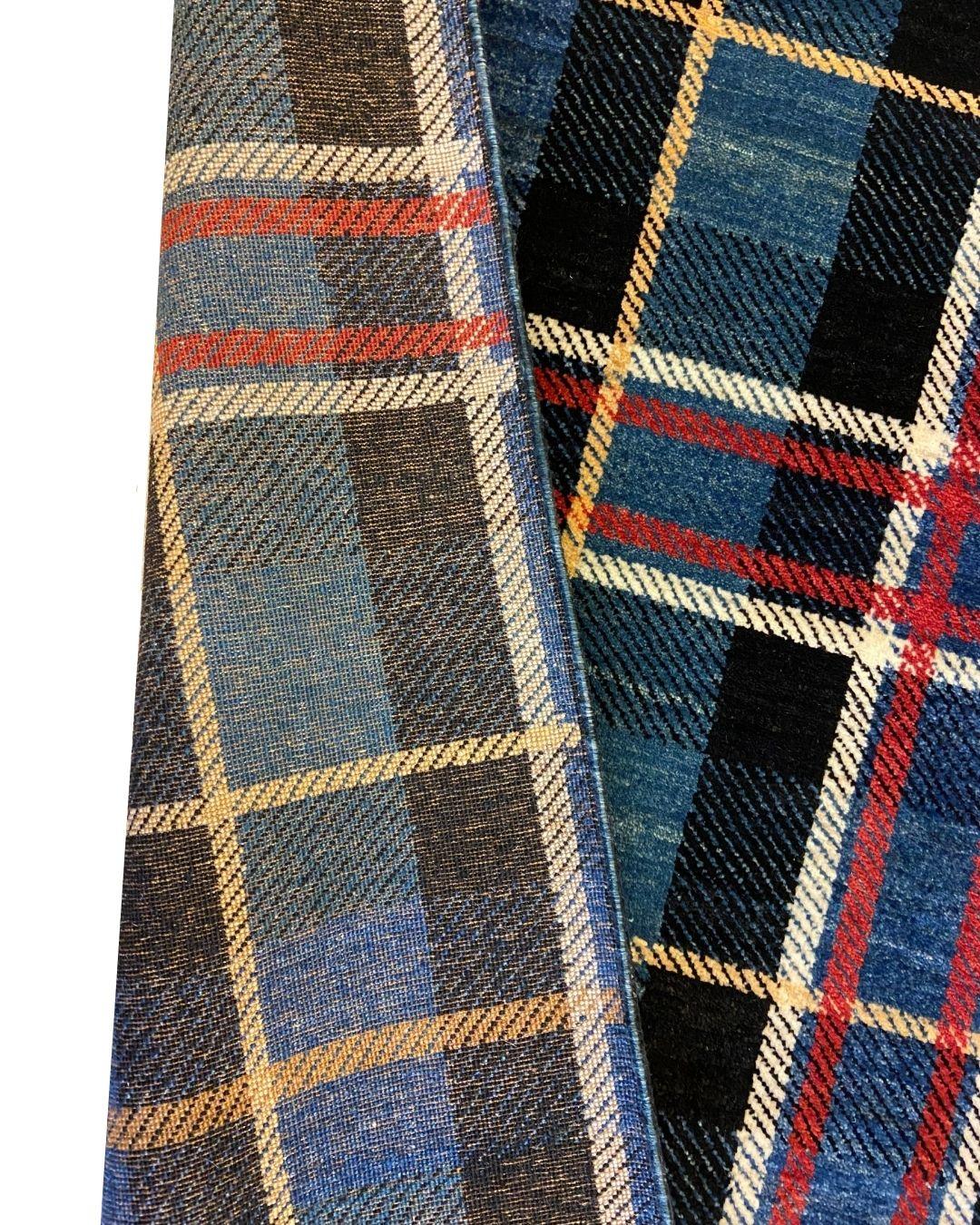 Mid Century Blue, Red, and Yellow Wisconsin Tartan Wool Persian Rug, 4' x 5' For Sale 2