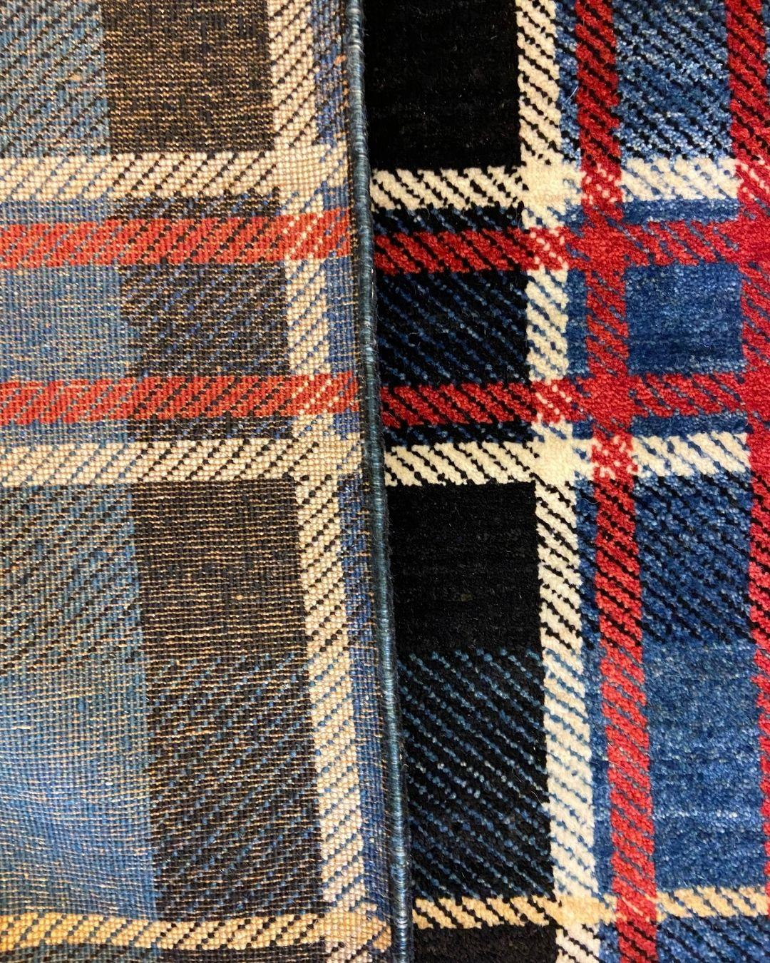 Mid Century Blue, Red, and Yellow Wisconsin Tartan Wool Persian Rug, 4' x 5' For Sale 3