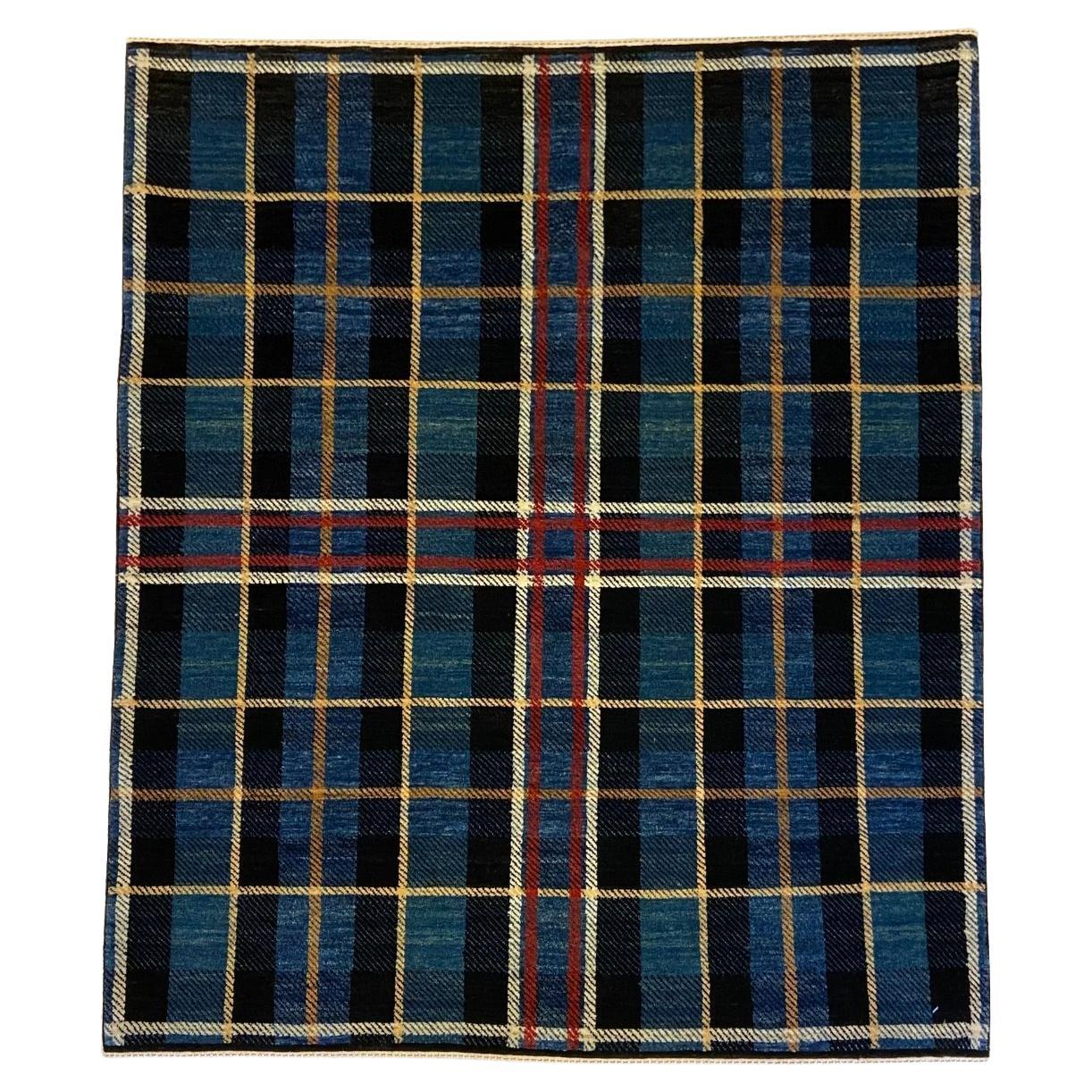 Mid Century Blue, Red, and Yellow Wisconsin Tartan Wool Persian Rug, 4' x 5' For Sale
