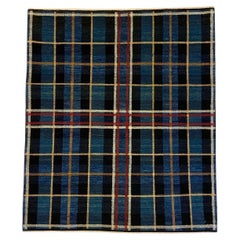 Mid Century Blue, Red, and Yellow Wisconsin Tartan Wool Persian Rug, 4' x 5'