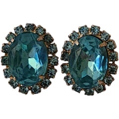 Mid-Century Blue Rhinestone Oval Clip-On Earrings in Gold-Tone Setting