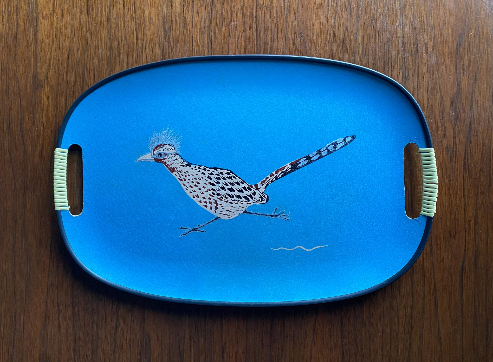 Mid century blue Roadrunner bird serving tray, circa 1960.