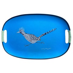 Mid Century Blue Roadrunner Bird Serving Tray, circa 1960