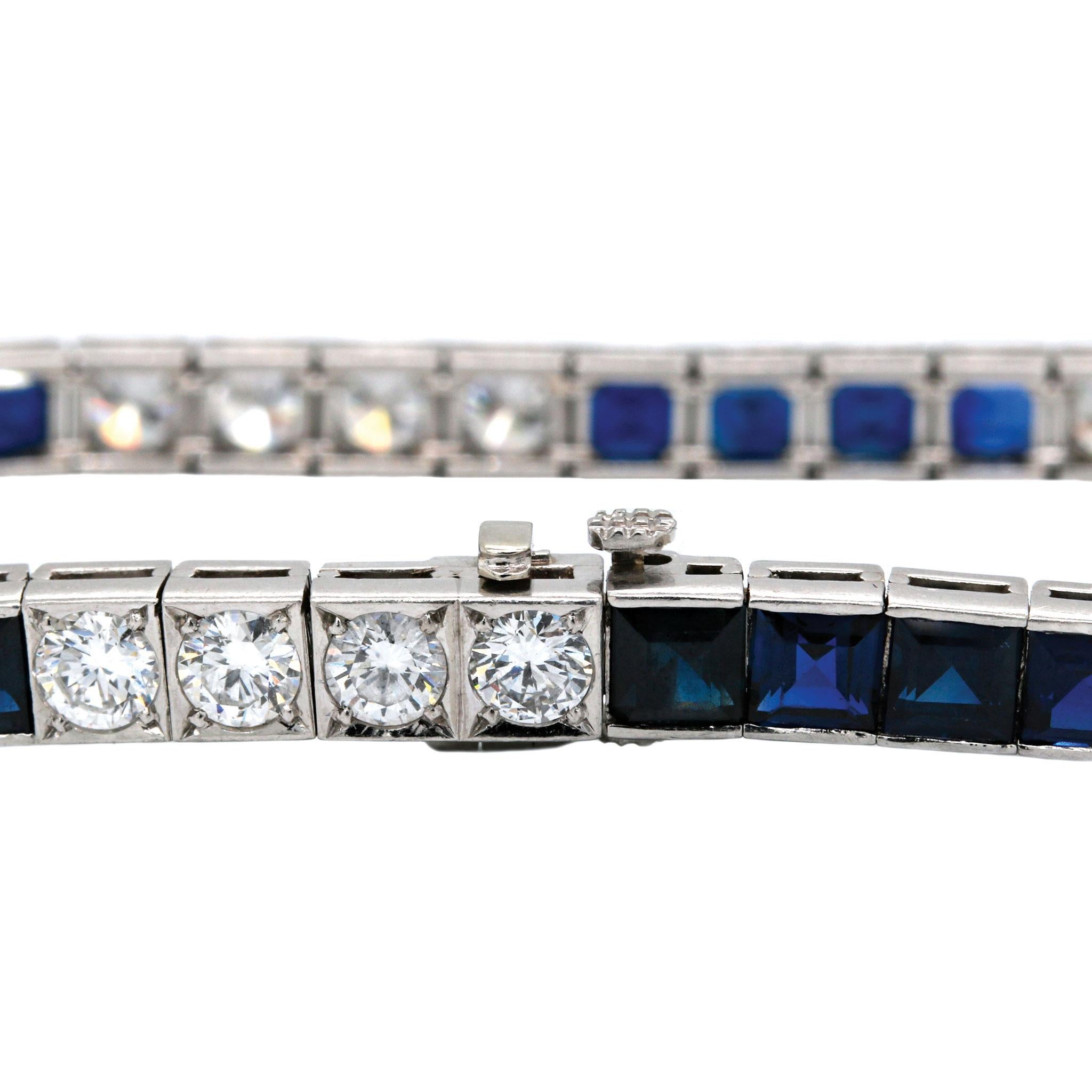Round Cut Mid-Century Blue Sapphire & Diamond Platinum Line Bracelet For Sale