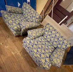 Mid Century Blue Shiny & Matt Lime Green Floral Upholstery Club Lounge Chair