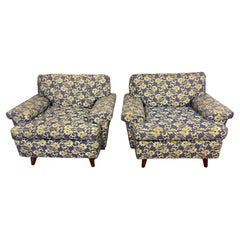 Mid Century Blue Shiny & Matt Lime Green Floral Upholstery Club Lounge Chair