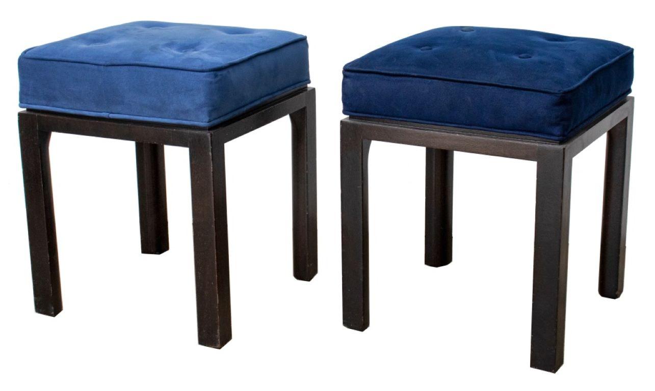 Mid-Century Blue Suede Upholstered Stools, Pair In Good Condition For Sale In New York, NY