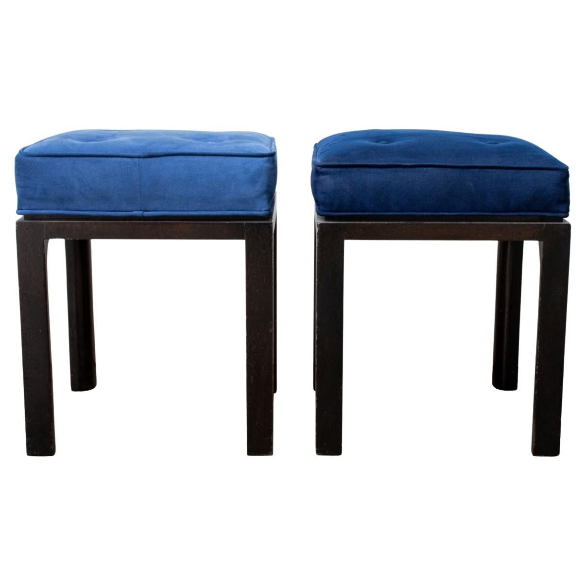 Mid-Century Blue Suede Upholstered Stools, Pair For Sale