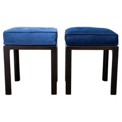 Mid-Century Blue Suede Upholstered Stools, Pair