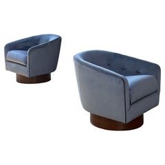 Mid-Century Blue Velvet Swivel Lounges by Milo Baughman - a Pair