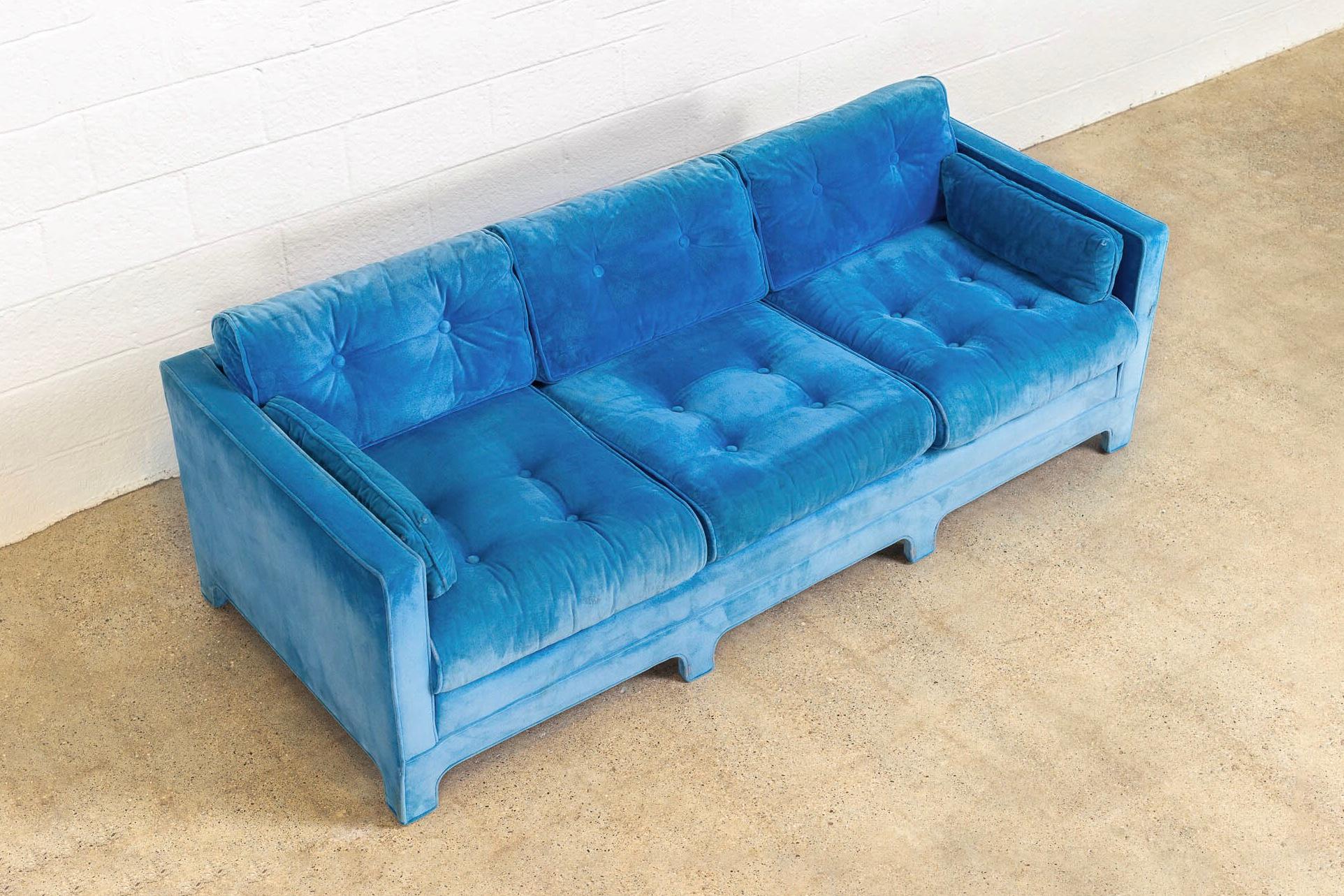 Mid-Century Modern Midcentury Blue Velvet Upholstered Three-Seat Sofa Couch, 1970s For Sale