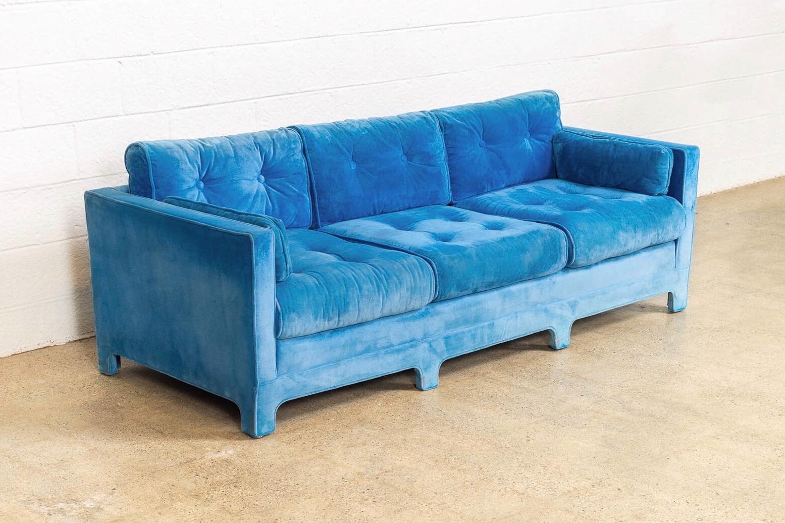 American Midcentury Blue Velvet Upholstered Three-Seat Sofa Couch, 1970s For Sale