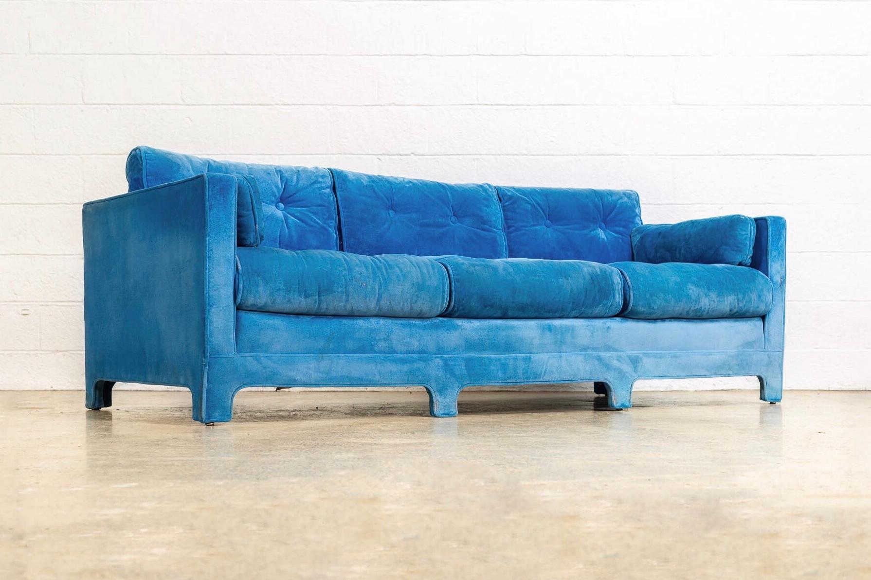 Midcentury Blue Velvet Upholstered Three-Seat Sofa Couch, 1970s In Good Condition For Sale In Detroit, MI