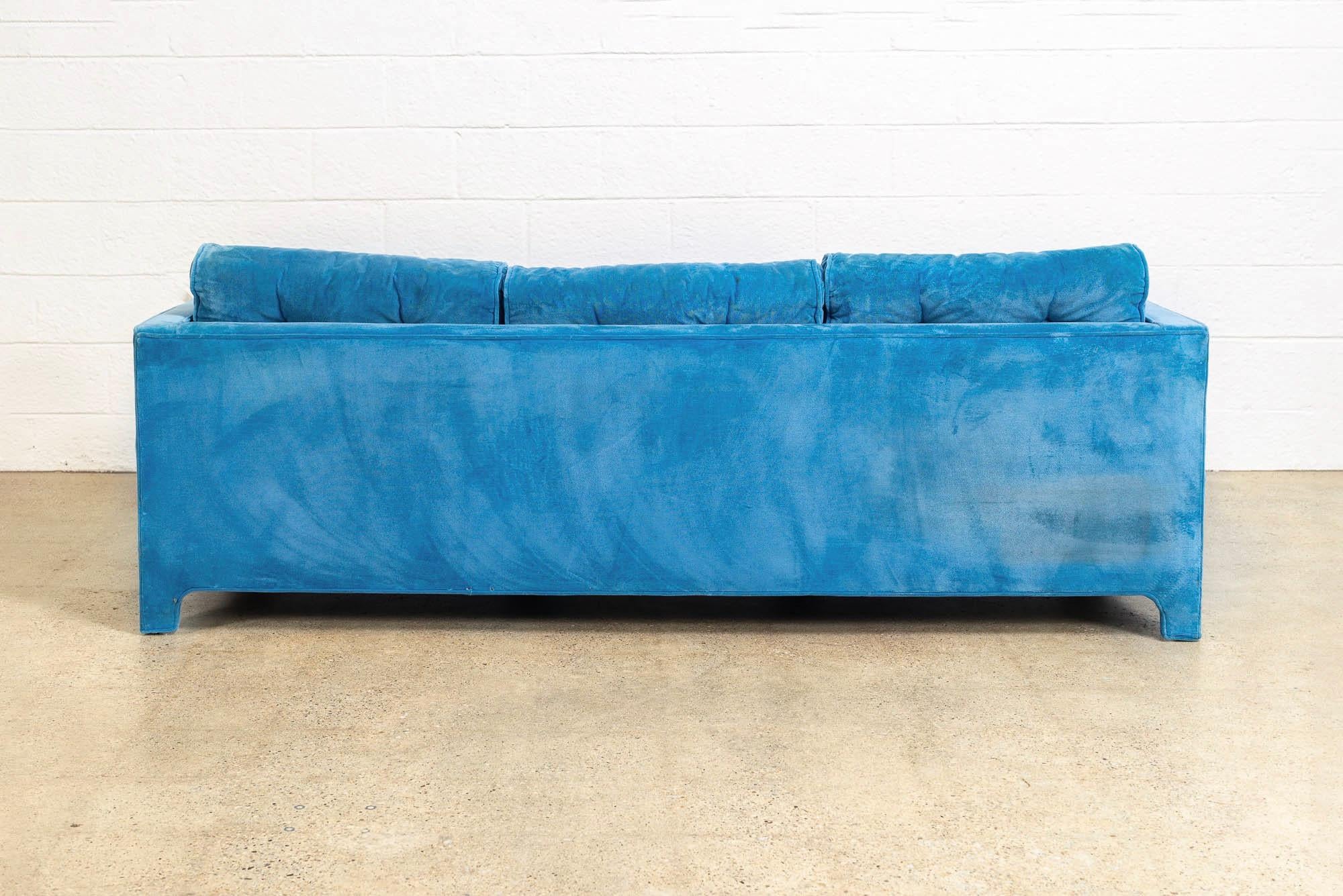 Late 20th Century Midcentury Blue Velvet Upholstered Three-Seat Sofa Couch, 1970s For Sale