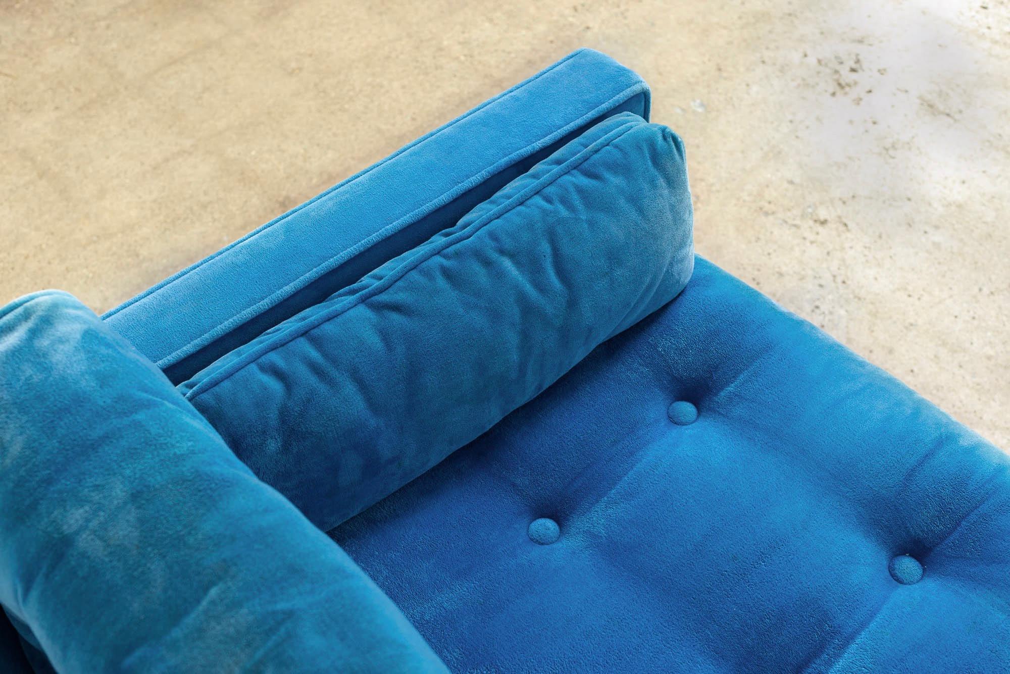 Midcentury Blue Velvet Upholstered Three-Seat Sofa Couch, 1970s For Sale 1