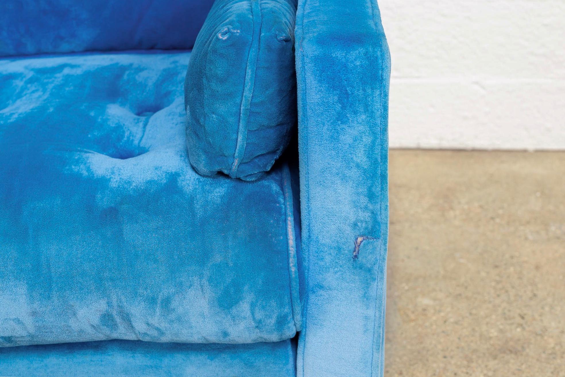 Midcentury Blue Velvet Upholstered Three-Seat Sofa Couch, 1970s For Sale 2