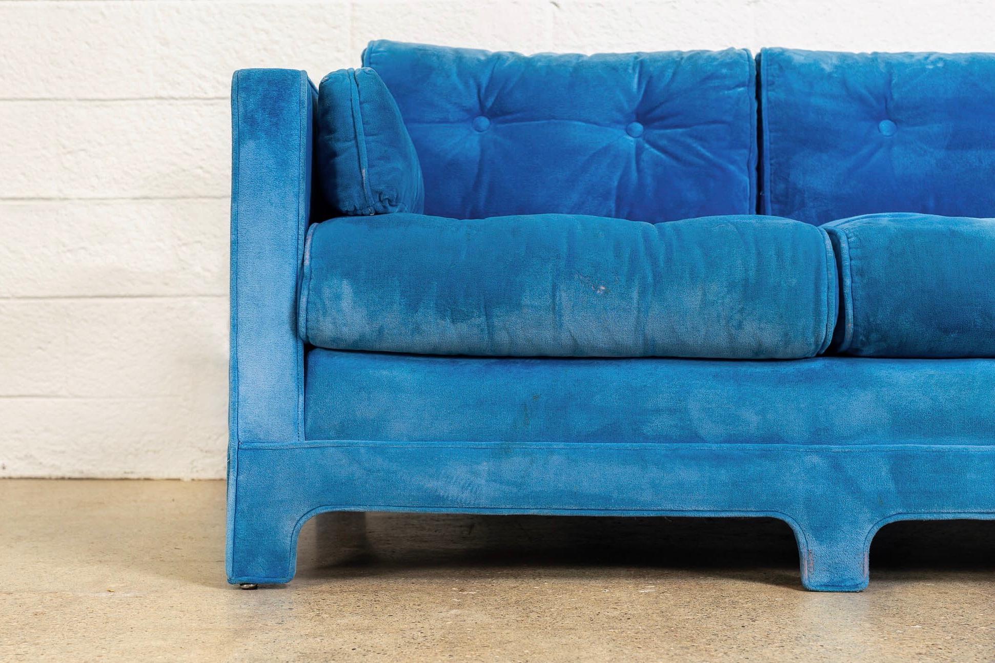 Midcentury Blue Velvet Upholstered Three-Seat Sofa Couch, 1970s For Sale 3